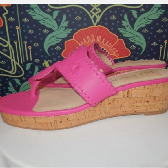 Jack Rogers Hot Pink Leather Mid Wedge Cork Thong Sandals Shoes 9 - Picture 2 of 4
